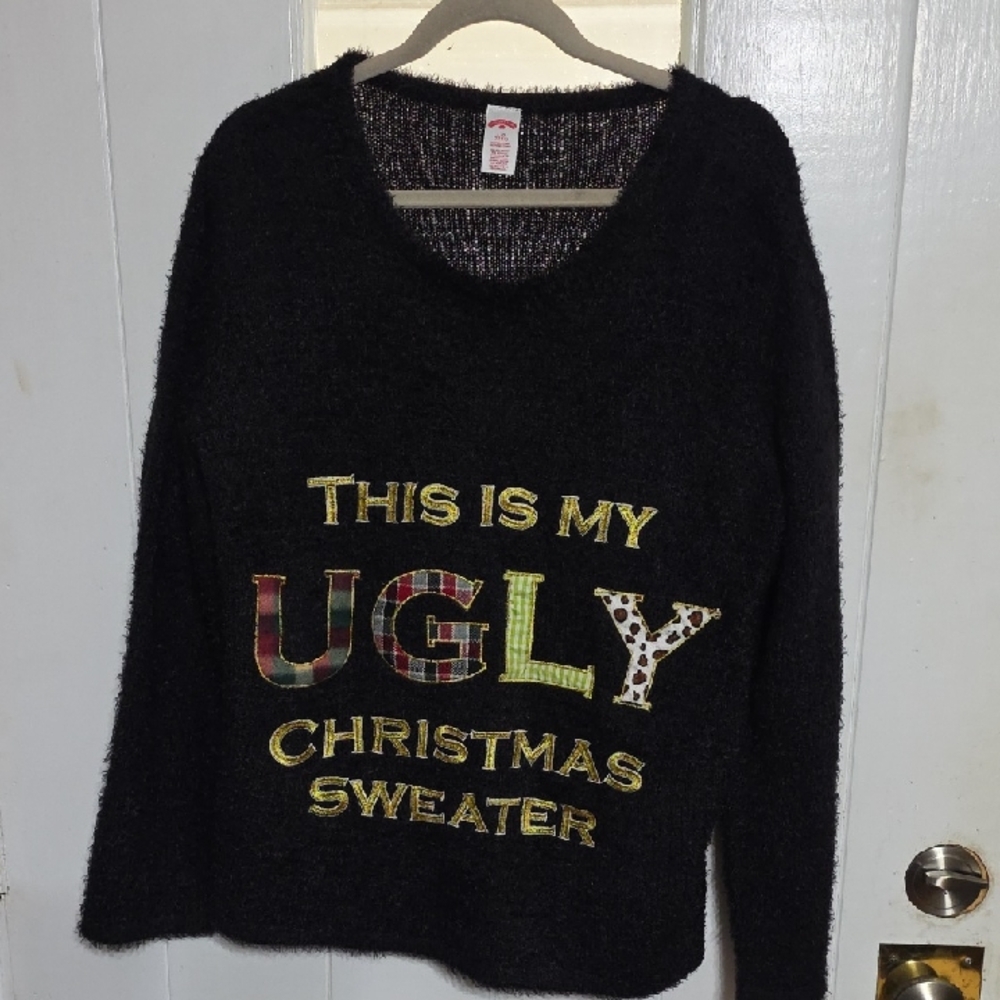 Holiday Time Women's Ugly Christmas Sweater  Black Embroidered Applique Sz L EUC